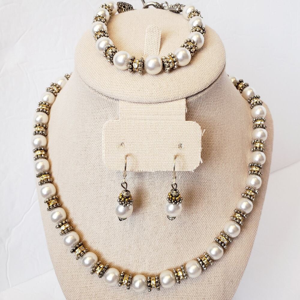 Faux Pearl Rhinestone Jewelry Set Bracelet Necklace‎ Earrings Silver / Gold Tone